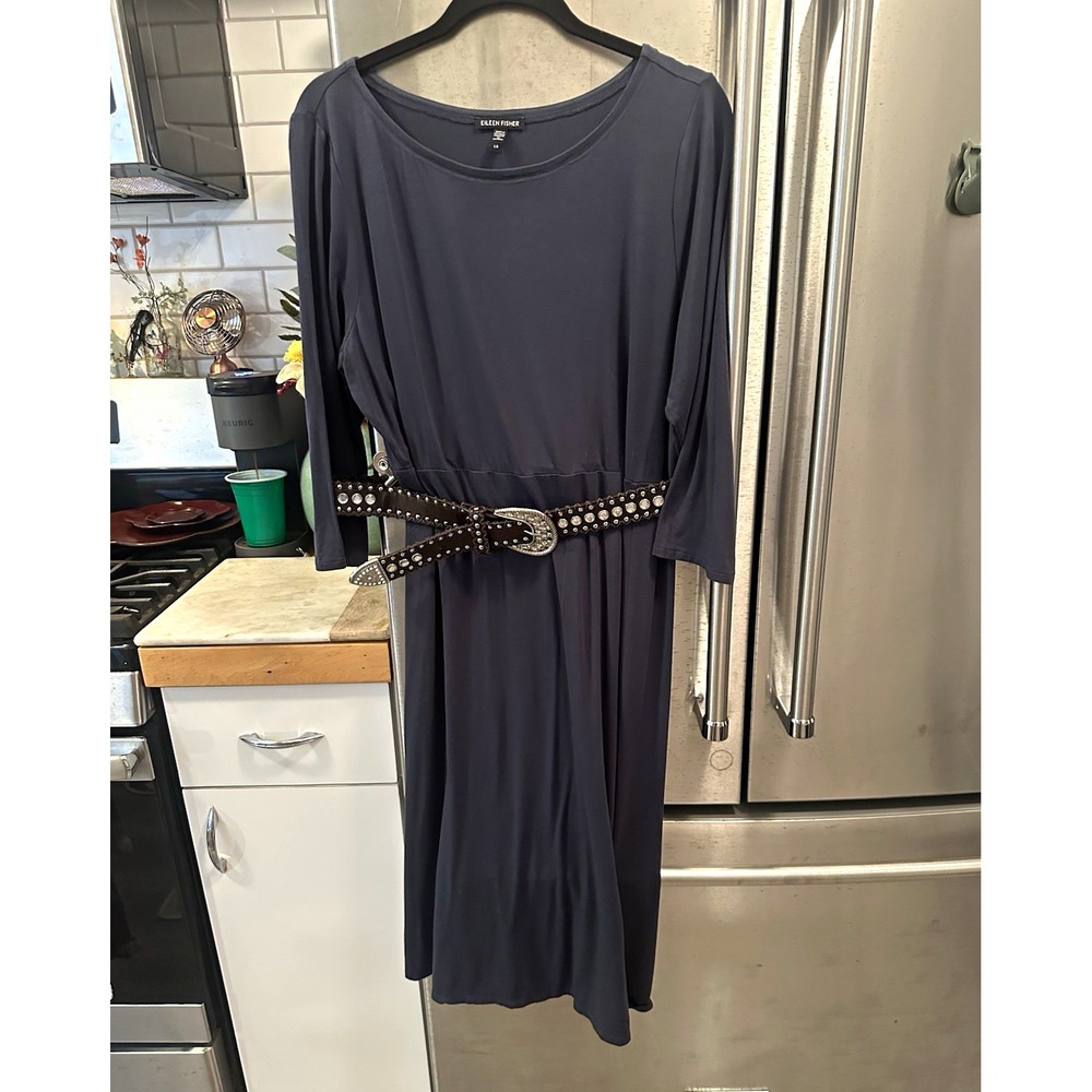 Eileen Fisher Navy Jersey TENCEL Midi Dress Round Neck 3/4 Dolman Sleeve L